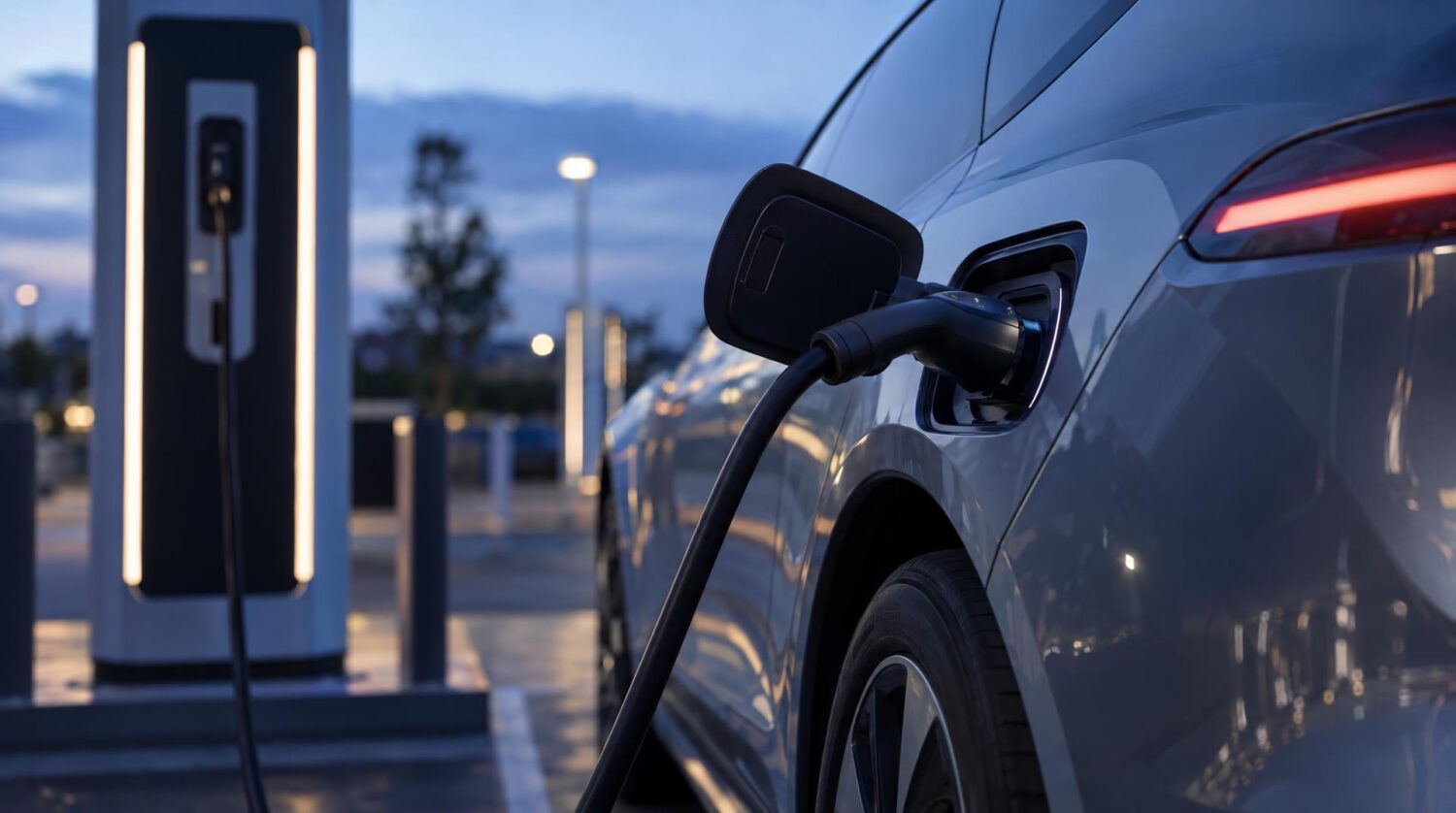 Câble de recharge branché sur une voiture électrique à une borne rapide, à la tombée du jour