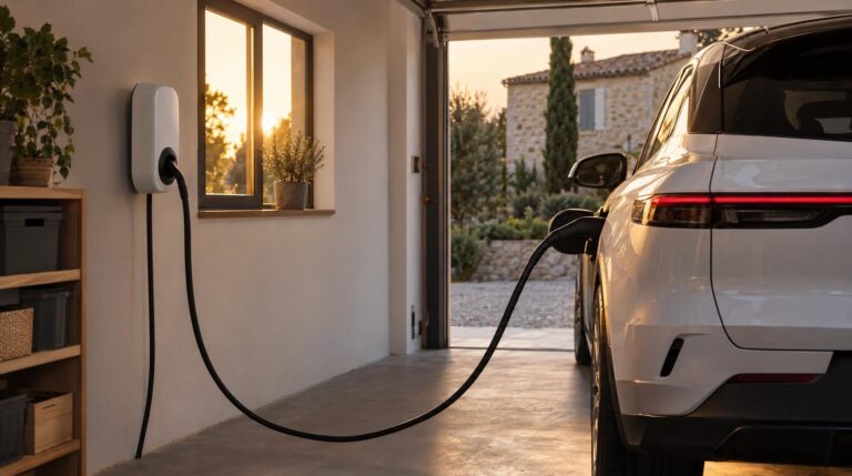 Wallbox murale dans le garage d'une maison, branchée sur une voiture électrique