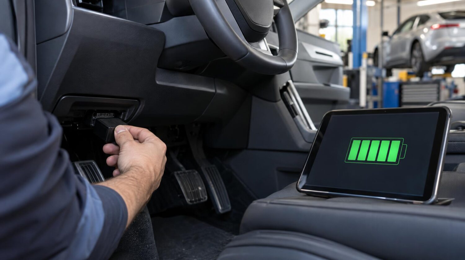 Mécanicien branchant un boîtier de diagnostic sous le tableau de bord d'une voiture électrique, jauge de batterie sur une tablette