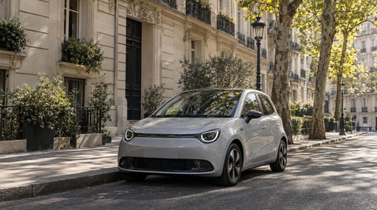 Petite voiture électrique garée dans une rue de Paris bordée d'immeubles haussmanniens